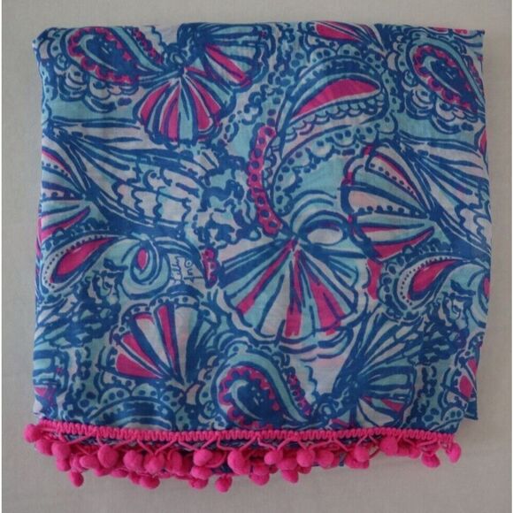 Lilly Pulitzer Women's Blue/Pink PomPom My Fans Lightweight Beach Cover-Up/Scarf - Picture 8 of 8